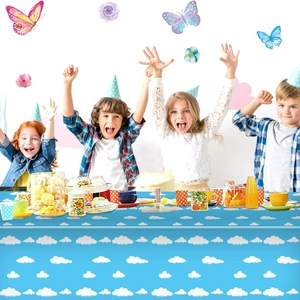 Blue sky cloud party tablecloth with matching disposable tableware for kids birthday