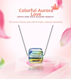 Detailed macro view of S925 silver necklace with aurora sugar cube crystal pendant