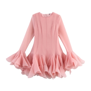 Pink long sleeve mini dress with layered ruffles and pleated texture on white background