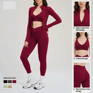 Three-piece women's yoga set with zip jacket, sports bra and high waist leggings in burgundy