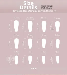 Size chart for long ballerina press-on nails with 12 sizes and measurements in mm