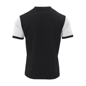 Back view of a classic short-sleeve polo shirt featuring a black and white color-block design
