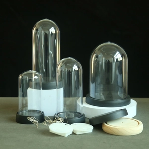 Transparent Display Dome Cloche Glass PET Plastic Cover With Wood Plastic Base For Preserved Flower Figurine DIY Home Decor