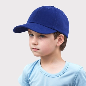 Toddler wearing a dark blue cotton twill baseball cap with curved brim and breathable eyelets