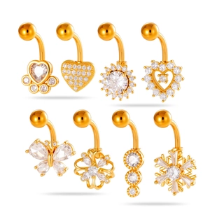 Stainless Steel Copper Cubic Zirconia Belly Button Ring Dangle Heart Butterfly Flower Navel Piercing Jewelry For Women