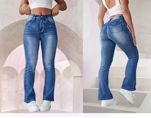 Detailed front and back view of high waisted flared jeans with V-shaped back pocket stitching