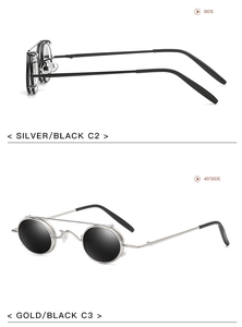 Detail view of steampunk round flip-up sunglasses with silver and gold metal frames