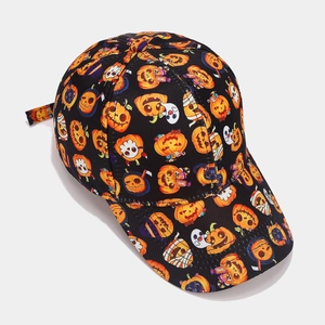 Detail of Halloween baseball cap featuring vibrant pumpkin and ghost pattern prints