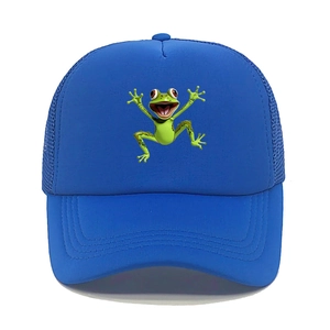 Blue mesh trucker hat with 3D cartoon frog print and fine stitching detail on the brim