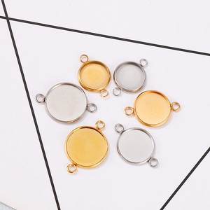 Stainless Steel Round Tray Connector Pendant Base With Dual Loops For Jewelry Making DIY Findings