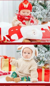 Detail of infant Christmas knitted reindeer hat and festive accessories on snow