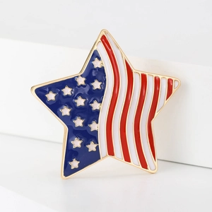 Enamel American flag star brooch with red white and blue patriotic stripes and gold trim