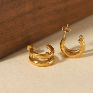 Geometric Double Line C-Shape Hoop Earrings Stainless Steel 18K Gold Plated Polished Minimalist Fashion Jewelry