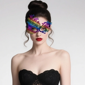 Close-up of colorful lace masquerade mask with vibrant rainbow gradient and cutout detail