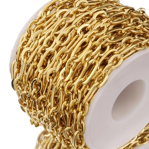Macro shot of 3:1 gold plated stainless steel Cuban NK chain on a spool for DIY jewelry