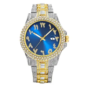 Luxury two-tone iced out watch with blue sunray dial and gold Arabic numerals
