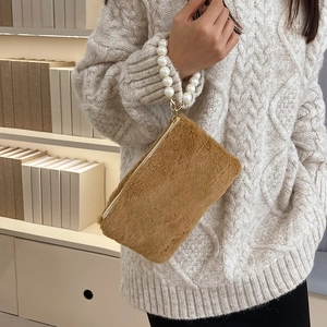Brown fuzzy plush square bag for women with white pearl top handle and gold metal hardware