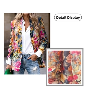 Detail shot of colorful abstract floral print blazer for women and fabric close-up