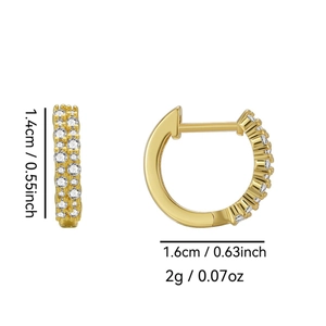 Asymmetric gold brass earrings with micro-set white zircon and 1.4cm hoop details