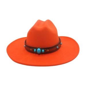 Detail of orange fedora hat featuring turquoise beaded brown leather band accessory