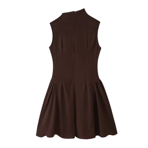 Brown sleeveless high-neck A-line dress with metal detail and back zipper closure