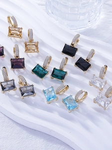 Colorful rectangular gemstone hoop earrings with micro-pave cubic zirconia on gold base