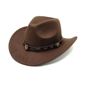 Chapeau De Cow-Boy Western Feutre Polyester Large Bord Avec Ceinture En Cuir Boucle Métallique Style Rétro Hommes Femmes Unisex