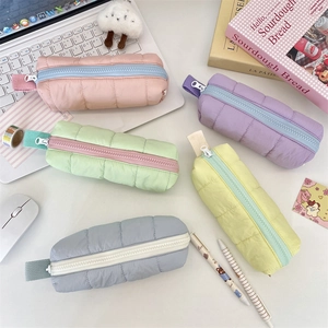 Quilted Puffer Pencil Case Large Capacity Soft Polyester Stationery Bag Macaron Color School Office Storage Organizer