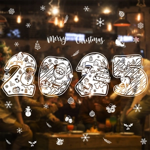 White 2025 Merry Christmas window static clings featuring Santa, reindeer and snowflakes