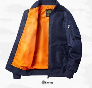 Detail of navy bomber jacket featuring contrast orange lining and ribbed cuffs