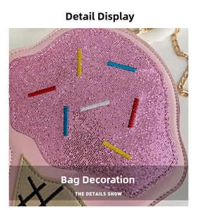 Close-up of pink glitter fabric and embroidery details on ice cream shaped bag