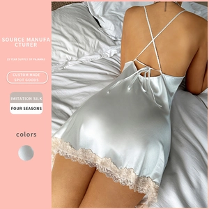 Women Satin Imitation Satin Nightgown Lace Trim V Neck Spaghetti Strap Backless Sleepwear Chemise Homewear Slip Dress