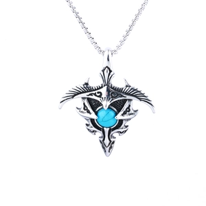 Vintage stainless steel eagle wing necklace with turquoise pendant on box chain