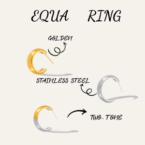 Detailed view of bold C-shaped stainless steel earrings in gold, silver, and two-tone finishes