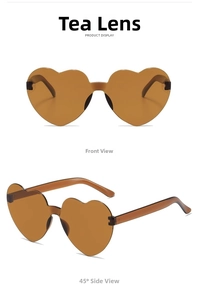Front and 45-degree side views of heart-shaped rimless sunglasses in tea brown finish