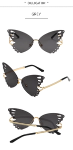 Detailed views of butterfly sunglasses with grey lenses and gold temples on white background