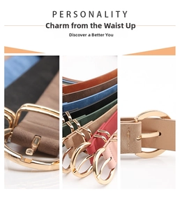 Detail of nubuck texture and gold pin buckle on assorted leather belts for women