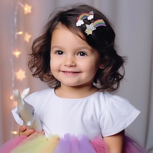 Dettaglio di una bambina con fermagli per capelli a forma di nuvola arcobaleno e stelle