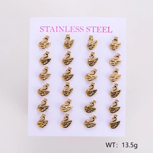 Set of 24 gold stainless steel swan earrings displayed on a white product card