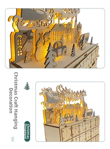 Detail of wooden Christmas advent calendar featuring LED lights and small drawers