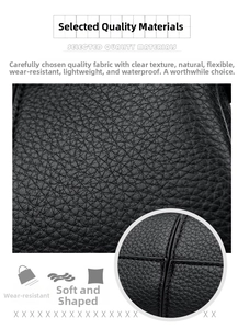Detailed macro view showing the premium litchi grain texture on the black leather handbag