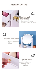 Detail of white makeup organizer with crystal drawer handle and clear mirror