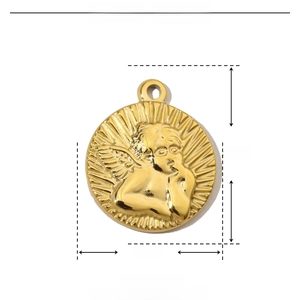 Detailed view of a 21x18mm golden angel relief pendant made of polished stainless steel