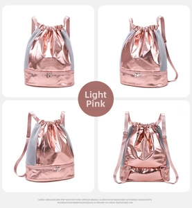 Detail view of pink drawstring gym bag showing dry wet separation and shoe compartment