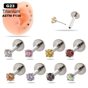 G23 titanium stud earrings with colorful cubic zirconia and push-in labret design