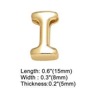 Detailed view of polished gold letter I charm with precise 15mm by 8mm dimensions