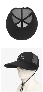 Detail of black outdoor sun hat with wide brim, breathable mesh, and adjustable wind rope