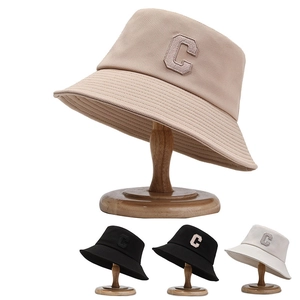 Chapeau Cloche Femme Toile Coton Broderie Lettre C Large Bord Protection Solaire Extérieur Ajustable Style Décontracté