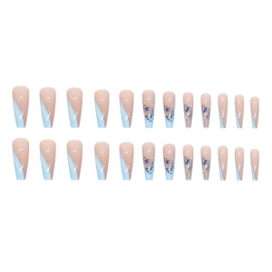 Long ballet press-on nails with blue French tips, glitter, and butterfly designs