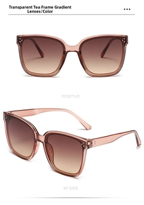 Front and 45-degree side views of square tea sunglasses with gradient brown lenses